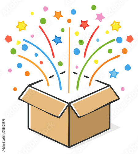 Colorful Celebration Confetti and Stars Exploding from an Open Cardboard Box Vector Illustration