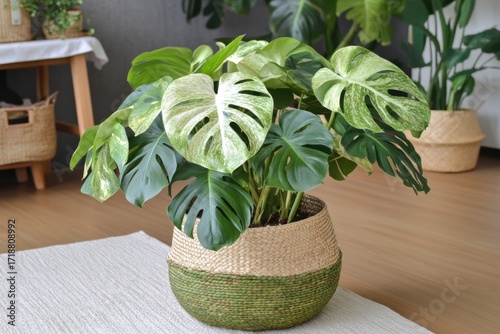 Variegated Monstera Deliciosa Thai Constellation plant in a large basket pot, standing tropical 'Monstera Constellation' house