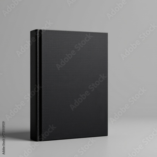 Elegant black hardcover book standing upright on a plain light gray background, minimalistic and sophisticated presentation for literature or stationary display