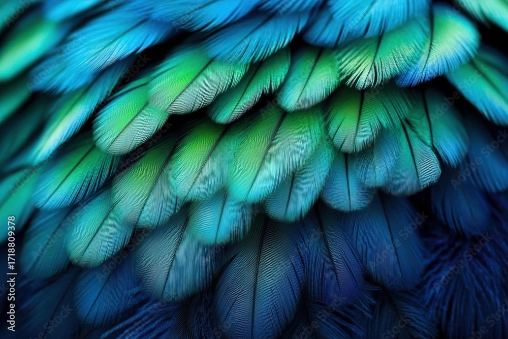Obraz premium Vibrant Close-Up of Exotic Parrot's Colorful Blue and Green Feathers in Detail Close up