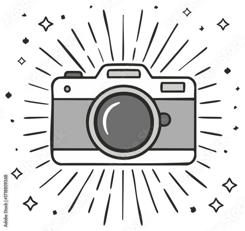 Illustrated Camera with Shines and Stars for Creative Photography or Artful Memories or Retro Style Design with Analog Feel