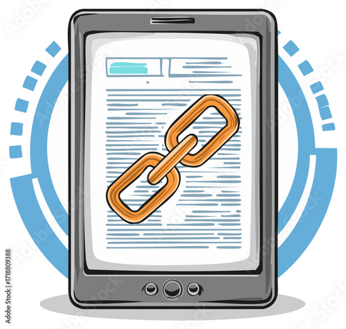 Stylized digital tablet with a prominent orange chain link icon displayed on its screen representing online connectivity