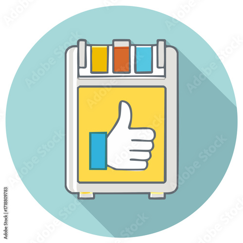 Flat design icon of a safe with a thumbs up sign and colorful liquid vials