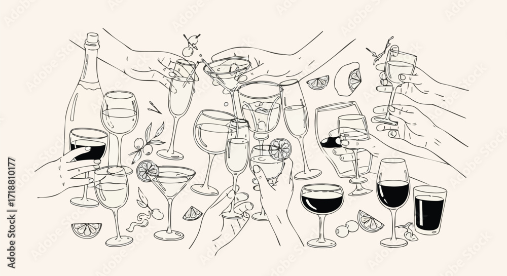 Obraz premium Cheers to celebration! Diverse hands clink glasses filled with wine, champagne, and cocktails, creating a vibrant toast for parties and events.