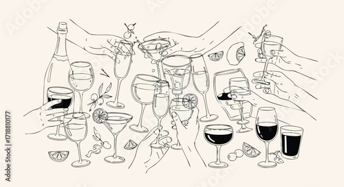 Cheers to celebration! Diverse hands clink glasses filled with wine, champagne, and cocktails, creating a vibrant toast for parties and events.