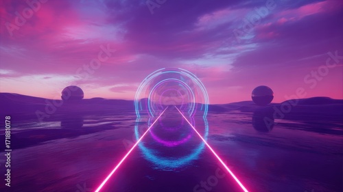 Fototapeta Naklejka Na Ścianę i Meble -  Neon tunnel and spheres in purple pink sky over reflective water light glowing