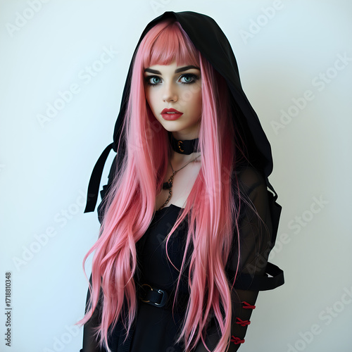 La Doncella de Estética Oscura y Toques de Color Rosa