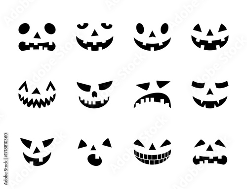 ghost scary face expressions set, funny halloween icons, spooky jack-o-lantern character collection, black eyes and mouth on white background