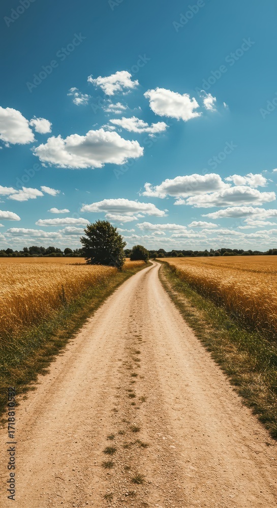 Naklejka premium A sun-drenched country lane meanders through golden fields under a vast expanse of fluffy white clouds against a vibrant blue sky.