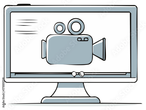 Doodle style illustration of online video streaming with a movie camera on a computer screen