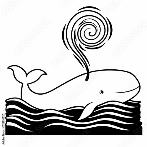 Stylized black and white illustration of a happy whale spouting water in wavy ocean water with a swirling plume