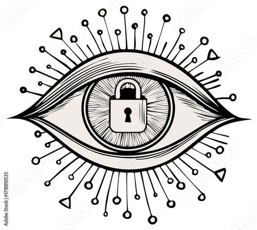 Abstract eye with a padlock and radiating network lines symbolizing cyber security and privacy