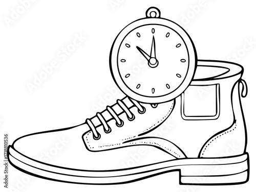 A walking boot and stopwatch line drawing a concept for travel deadlines or a race against time