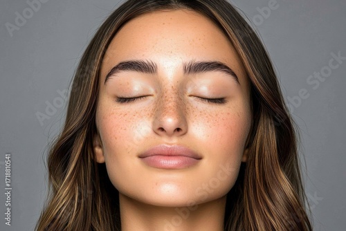 Young woman with aquiline nose in side view against gray background, showcasing of bumpy