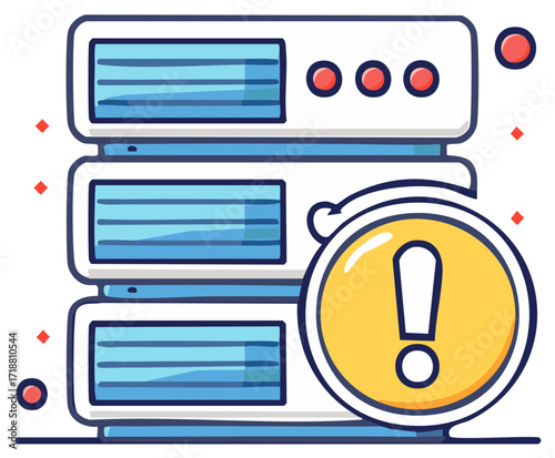 Cartoon Server Rack with a System Error Alert and Exclamation Mark Warning Icon