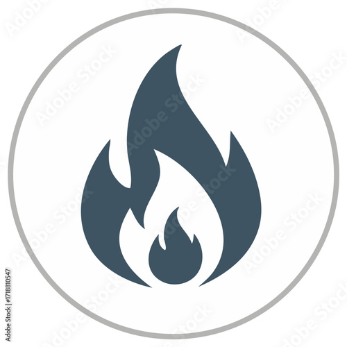 Abstract dark blue flame symbol inside a thin gray circle representing heat energy or danger