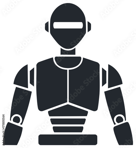 Stylized dark grey robot figure with segmented body and rectangular visor