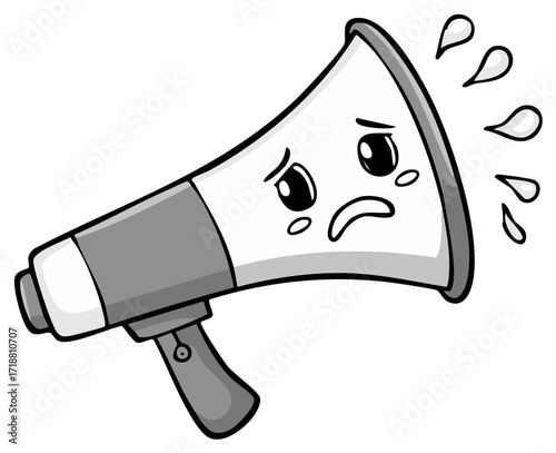 Cartoon megaphone character crying with sweat drops expressing stress sadness and worry monochrome illustration
