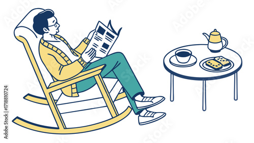 A man in glasses sits in a rocking chair reading a newspaper, with a tea set and toast on a nearby table.