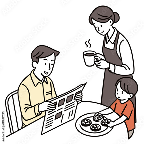 A family of three, a man reading a newspaper, a woman serving coffee, and a child with cookies at a table.