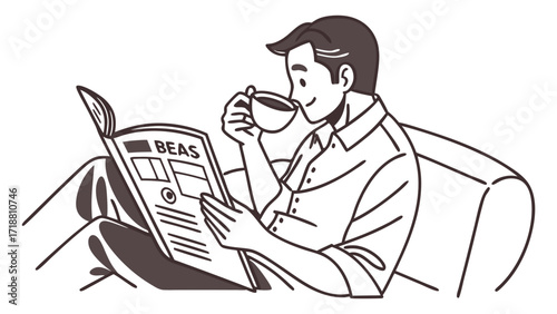 Man reading magazine and drinking coffee while sitting on a couch.