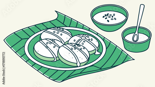 A plate of idlis served on a banana leaf with sambar and chutney, presented in a simple, clean illustration style.
