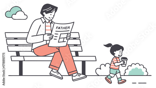 A father reads a newspaper on a park bench while his daughter walks by with a cup.