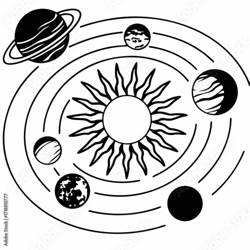 Stylized black and white illustration of a solar system with a sun and planets orbiting on distinct paths creating a celestial cosmic design