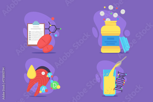Various items related to vitamins, including checklist, bottle, and molecular structures. Importance of health and nutrition in daily life concept