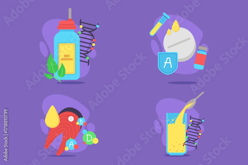 Vibrant set of vitamins and health products including liquids, supplements, and molecular graphics. Nutrition and benefits for overall wellness concept