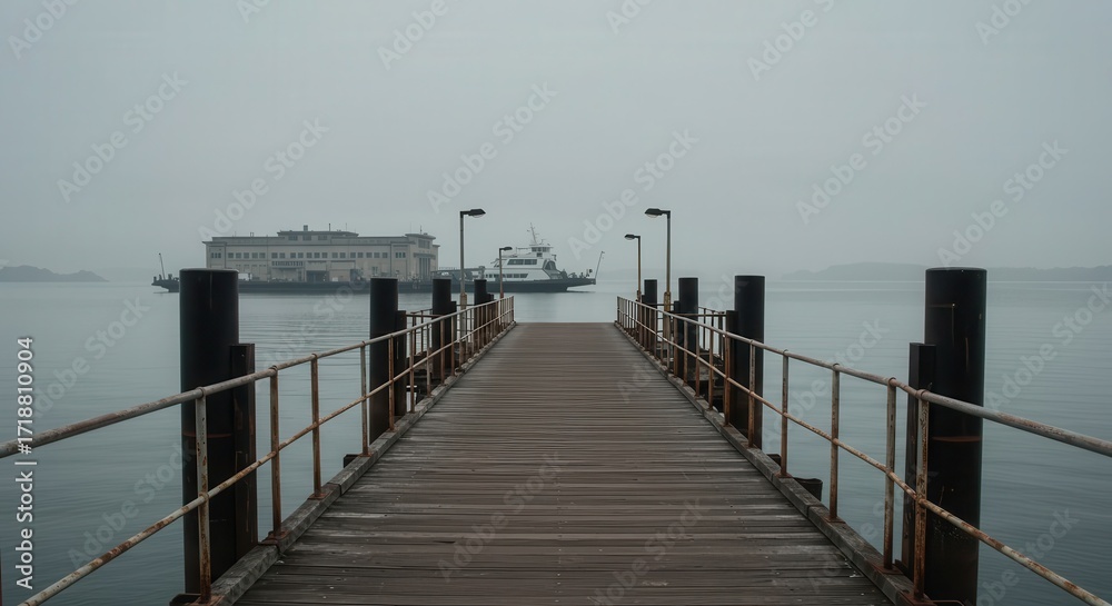 Obraz premium Tranquil wooden pier extends into a hazy harbor, showcasing a ferry and a building in the distance.