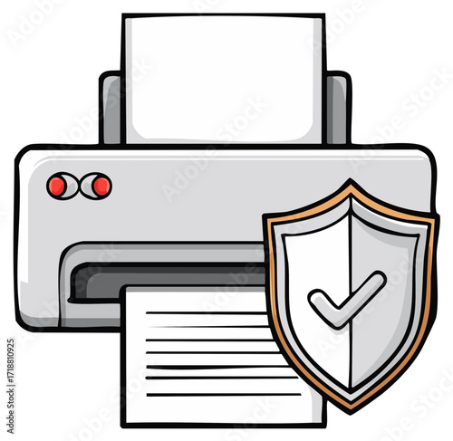 Printer with document security shield icon, secure printing technology and data protection concept illustration
