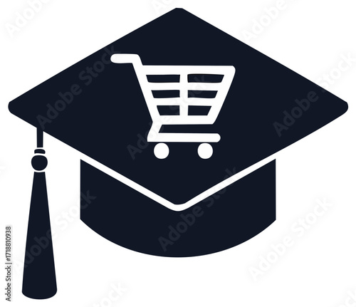 Graduation Cap with Shopping Cart Symbolizing Cost of Education and Student Loans