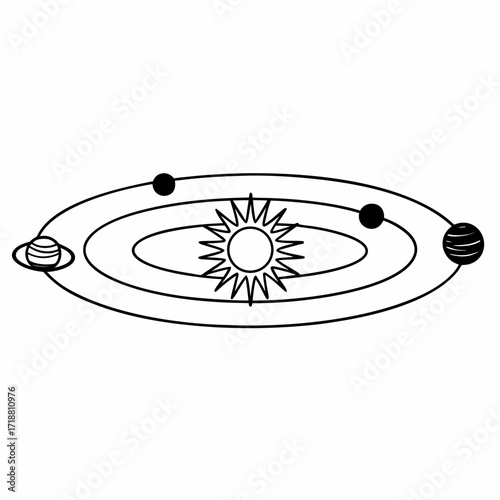 Stylized black and white illustration of the solar system with the sun at the center and planets orbiting on elliptical paths