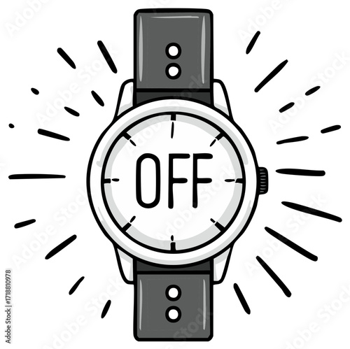 Cartoon Watch Displaying 'OFF' With Radial Line Illustration Emphasizing Time Off And Digital Detox Theme