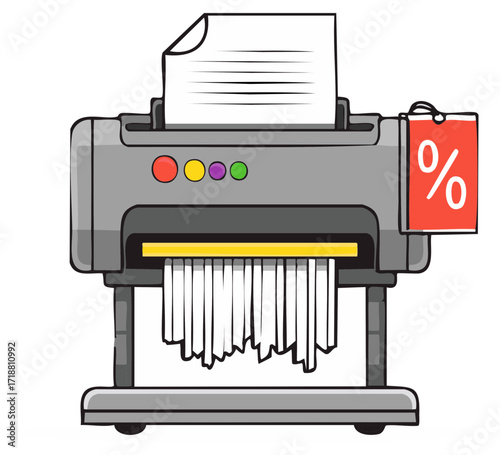 Paper shredder pulverizing document sheets with discount sale price tag for destroying debt or waste management