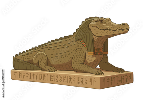 A cartoon Egyptian crocodile statue rests on a stone base with hieroglyphs