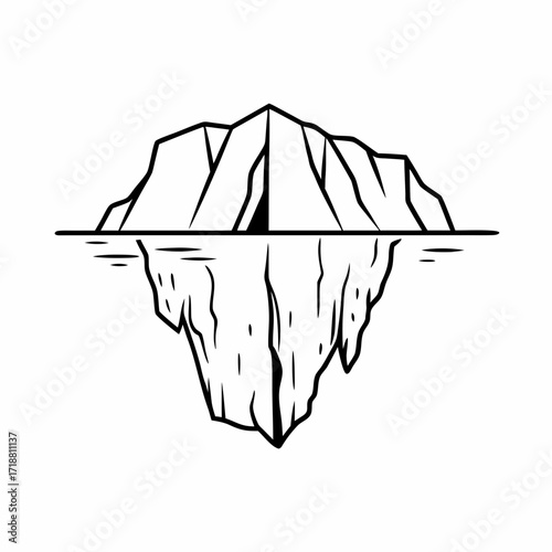 Stylized black and white line art illustration of an iceberg with its submerged portion clearly visible below the waterline representing hidden depth and vastness