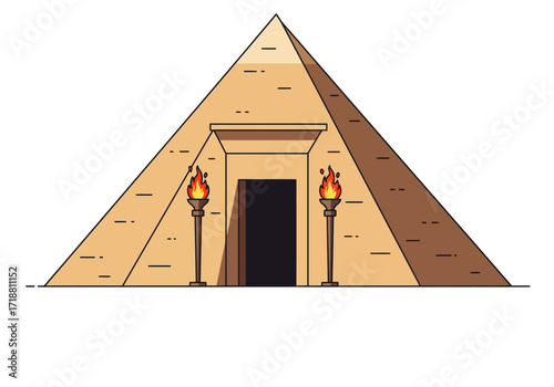 A cartoonish pyramid entrance has two torches illuminating a shadowed doorway