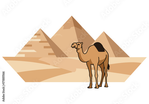 A dromedary stands before three pyramids in a stylized desert scene