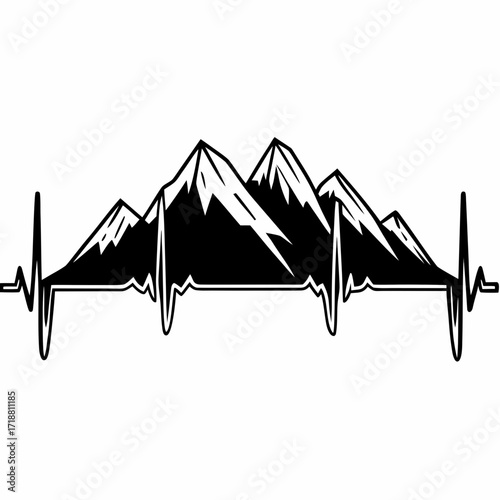 Stylized black and white mountain range silhouette integrated with a heartbeat electrocardiogram line representing a love for nature and adventure