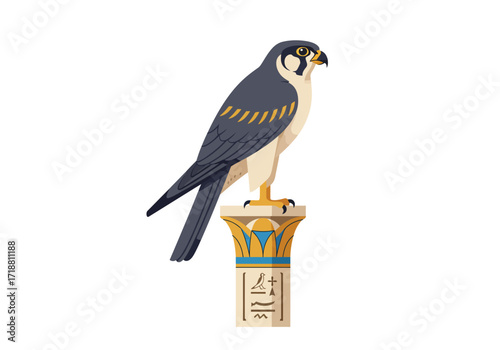 A falcon perched atop a column adorned with hieroglyphs