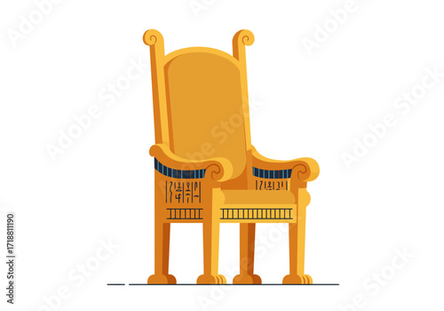 A golden throne with hieroglyphs sits centered on a white background