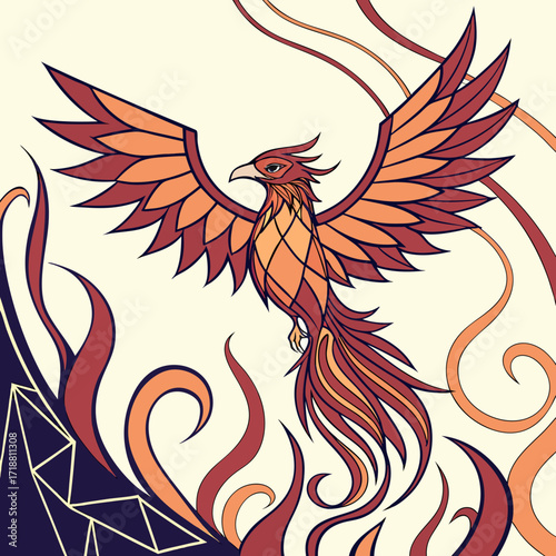 Stylized fiery phoenix bird rising from flames with geometric mountain elements and swirling ornate lines in warm colors