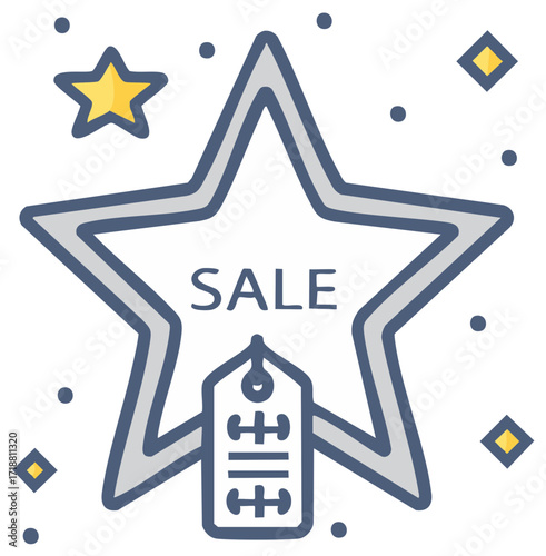 Star shaped sale announcement illustration with a tag, dots and stars