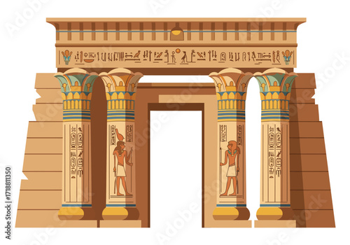 A stylized Egyptian temple with four columns hieroglyphs and depictions of figures