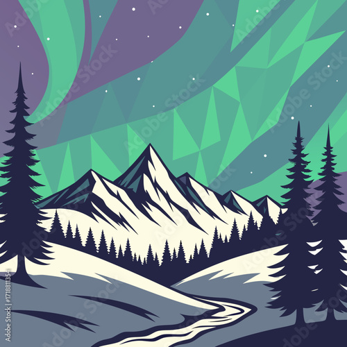 Stylized geometric aurora borealis illuminates snow capped mountains and pine trees in a winter landscape with a winding river