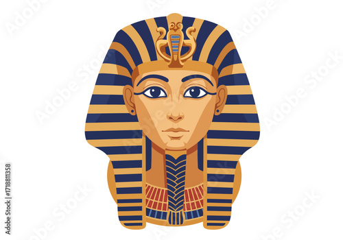 A stylized portrait of an Egyptian pharaoh with blue and gold headdress