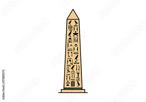 A tan obelisk decorated with black hieroglyphs stands on a twotiered base