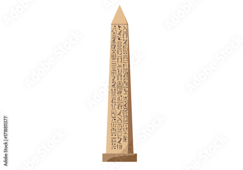 A tall narrow obelisk stands upright adorned with hieroglyphs
